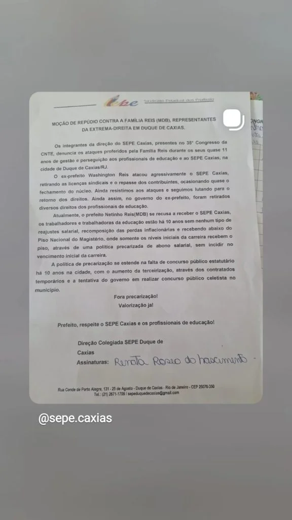 Moções de Repúdio: SEPE Caxias e Japeri Cobram Ação dos Prefeitos em Congresso da CNTE Moções de Repúdio: SEPE Caxias e Japeri Cobram Ação dos Prefeitos em Congresso da CNTE
