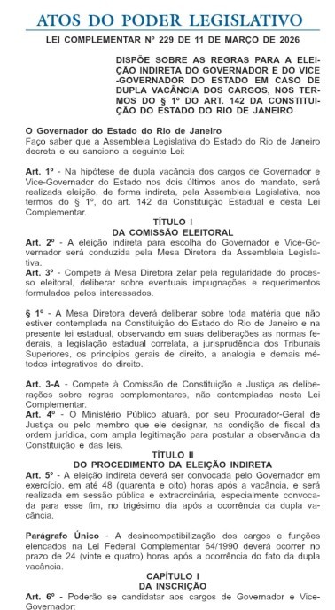Lei que Regula Eleição Indireta para Governador do RJ é Sancionada por Claudio Castro